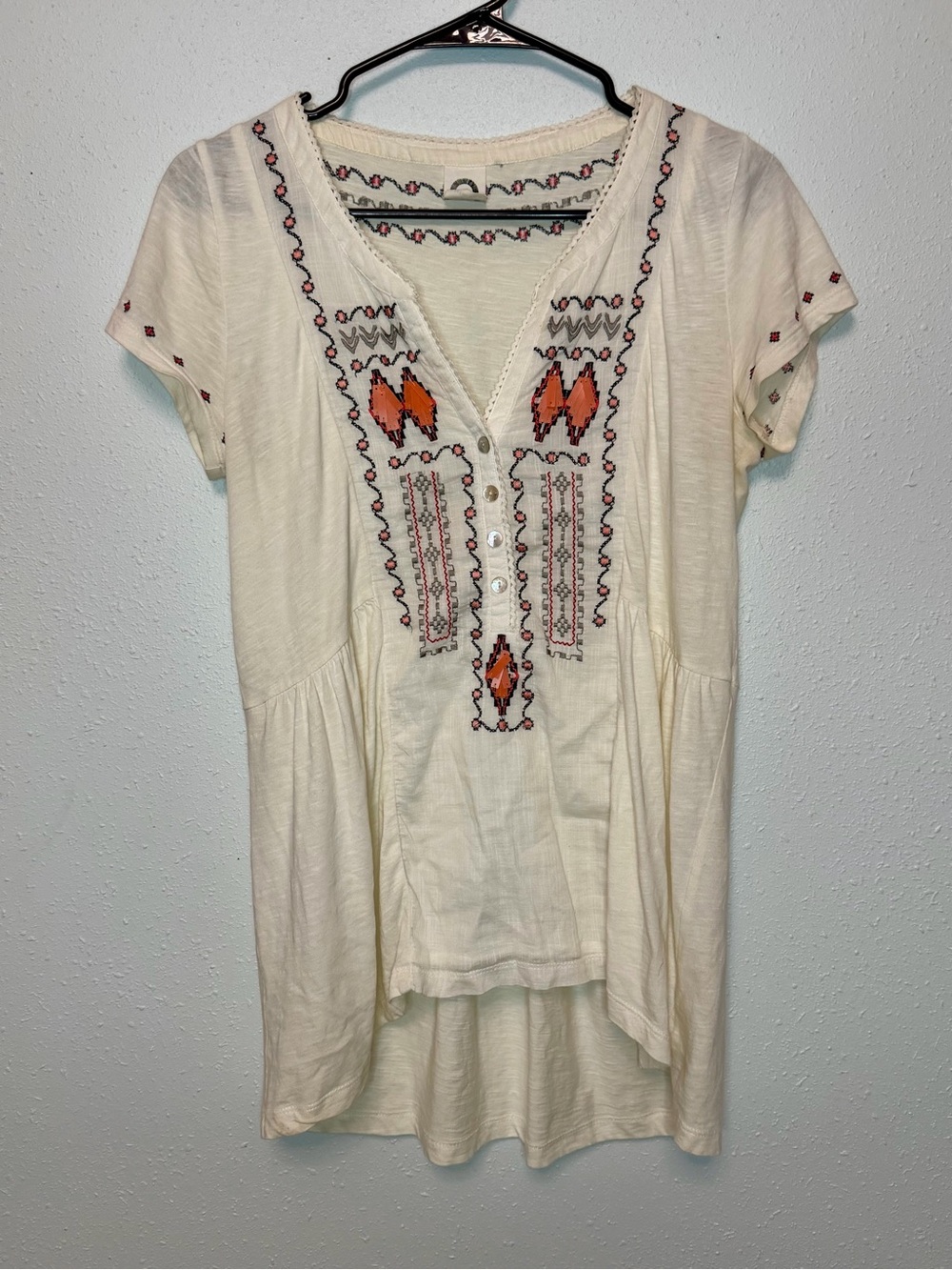 Anthropologie Cream Embroidered V-Neck Tunic with Orange Accents